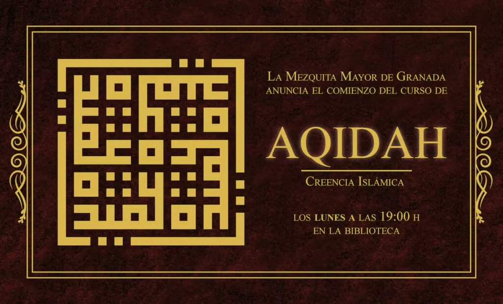 Cartel del curso de Aqidah, creencia islámica, los lunes a las 19:00 en la biblioteca de la mezquita