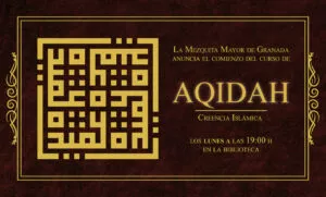 Cartel del curso de Aqidah, creencia islámica, los lunes a las 19:00 en la biblioteca de la mezquita