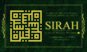 Cartel del curso de Sirah, la vida del Mensajero Muhammad, los miércoles a las 19:00 en la biblioteca