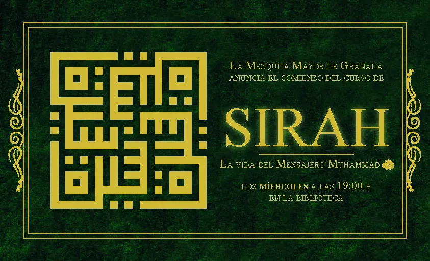 Cartel del curso de Sirah, la vida del Mensajero Muhammad, los miércoles a las 19:00 en la biblioteca