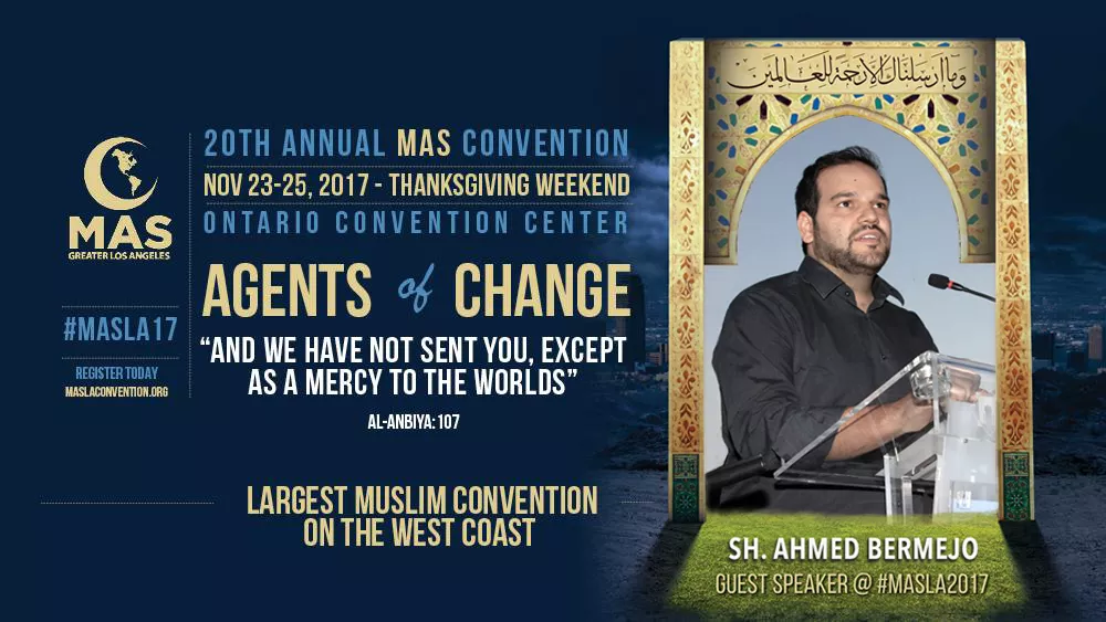 Cartel de la 20 convención anual de MAS, Agents of Change, con el Sheij Ahmed Bermejo como invitado