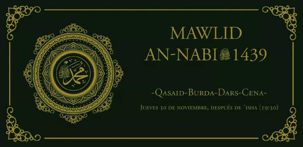 Cartel del Mawlid an-Nabi 1439 del jueves 30 de noviembre tras el isha, con medallón caligráfico dorado