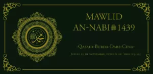 Cartel del Mawlid an-Nabi 1439 del jueves 30 de noviembre tras el isha, con medallón caligráfico dorado