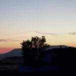 Atardecer sobre la vega, con la silueta de un árbol y las montañas recortadas en el cielo rosado