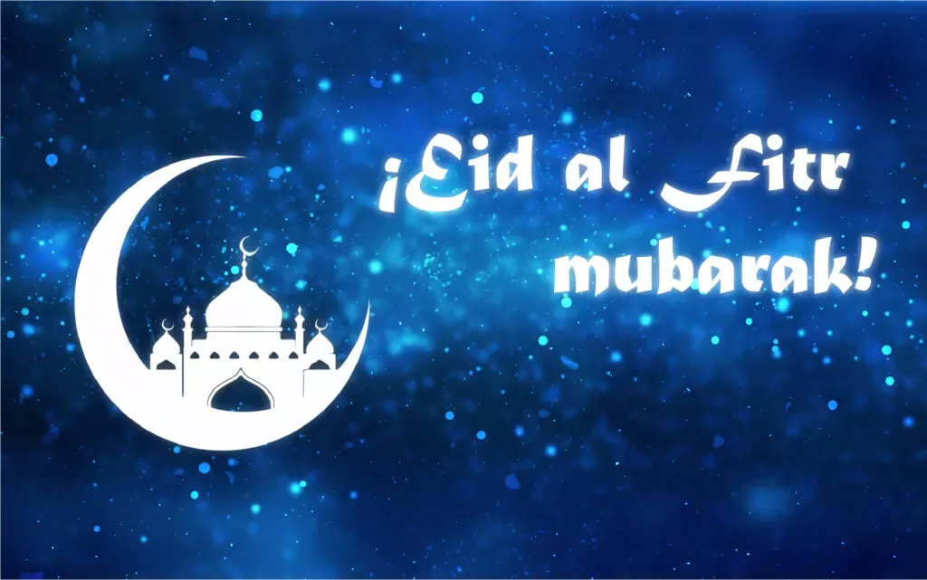 Felicitación de Eid al Fitr mubarak con una luna creciente y la silueta de una mezquita en azul