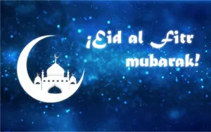 Felicitación de Eid al Fitr mubarak con una luna creciente y la silueta de una mezquita en azul