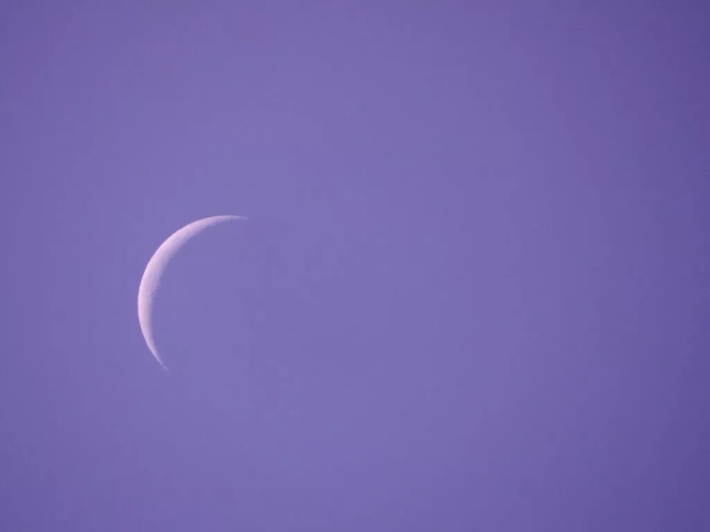 Fina luna creciente blanca recortada en un cielo violeta al anochecer