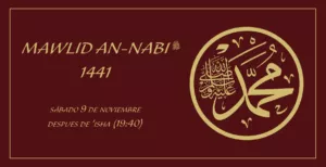 Cartel del Mawlid an-Nabi 1441, sábado 9 de noviembre después de 'Isha (19:40), con caligrafía dorada