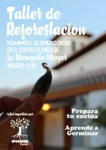 Cartel del taller de reforestación del domingo 26 de enero de 2020 a las 11:30 en la Mezquita Mayor
