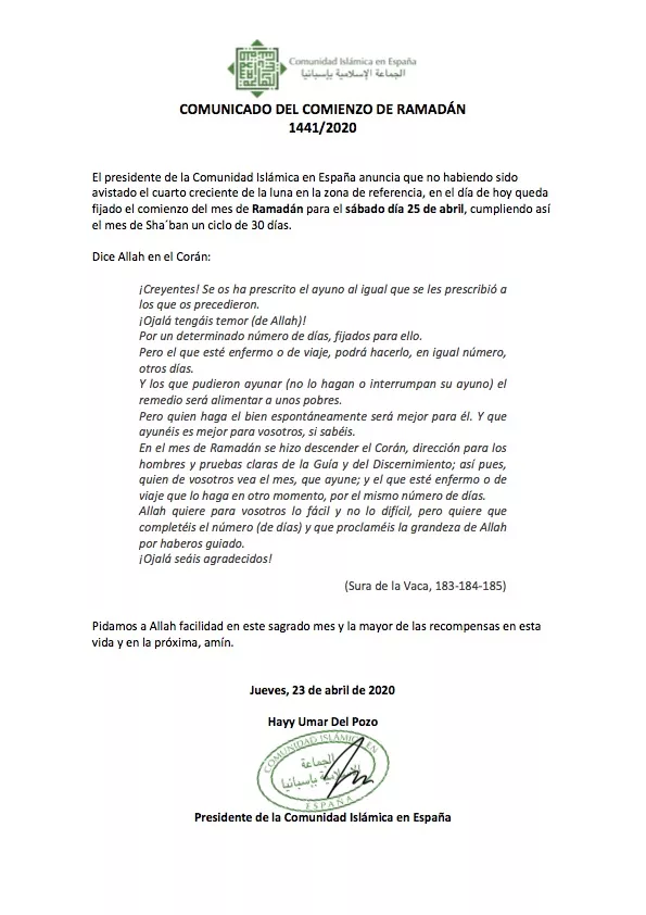 Comunicado del comienzo de Ramadán 1441/2020 de la Comunidad Islámica en España, que fija el inicio del ayuno el sábado 25 de abril