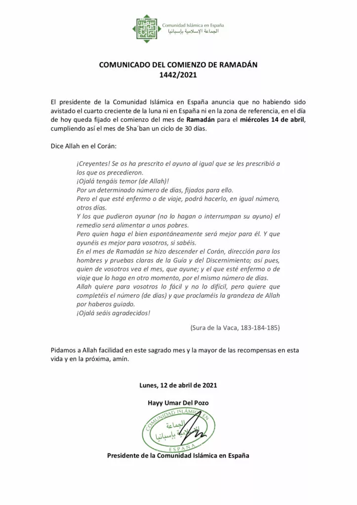Comunicado del comienzo de Ramadán 1442/2021 de la Comunidad Islámica en España, que fija el inicio del ayuno el miércoles 14 de abril