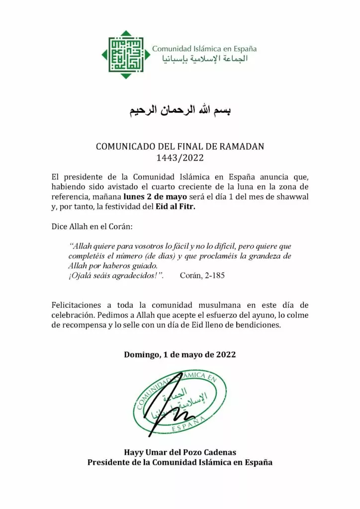 Comunicado del final de Ramadán 1443/2022 de la Comunidad Islámica en España, que anuncia el Eid al Fitr el lunes 2 de mayo