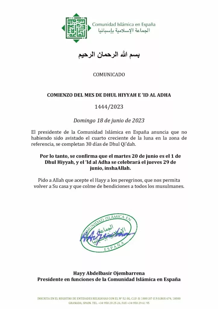comunicado del mes de dhul hiyyah 2023