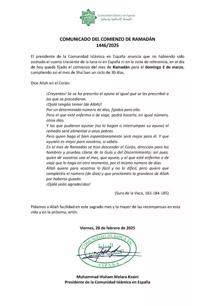 Comunicado del comienzo de Ramadán 1446/2025 de la Comunidad Islámica en España, que fija el inicio del ayuno el domingo 2 de marzo