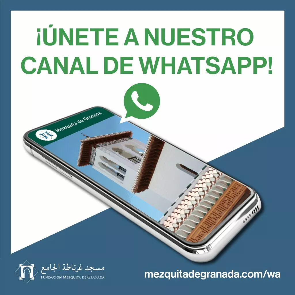 Anuncio del canal de WhatsApp de la Mezquita de Granada, con un teléfono que muestra el canal y la dirección mezquitadegranada.com/wa