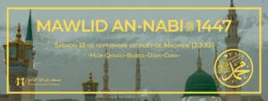 Cartel del Mawlid an-Nabi 1447, sábado 13 de septiembre tras el Maghrib, sobre alminares de Medina