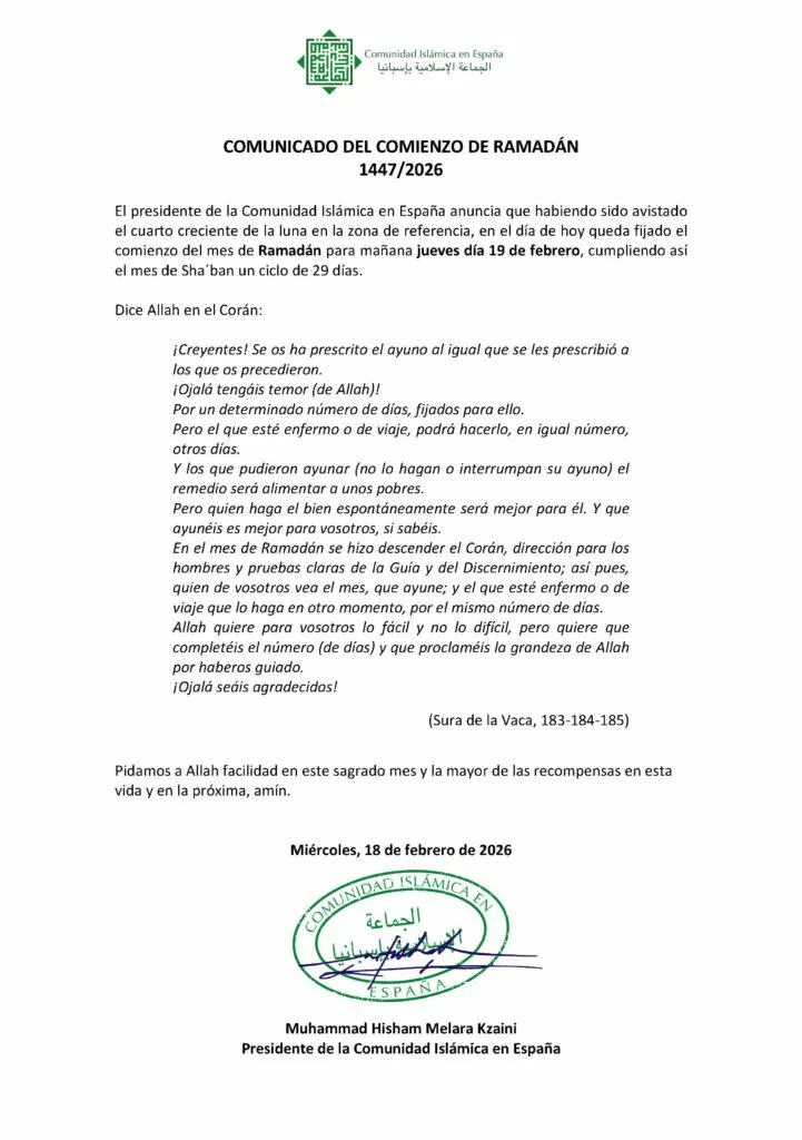 Comunicado del comienzo de Ramadán 1447/2026 de la Comunidad Islámica en España, que fija el inicio del ayuno el jueves 19 de febrero