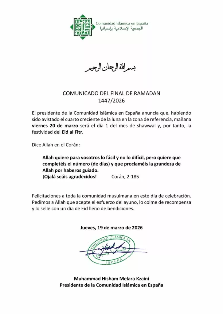 Comunicado del final de Ramadán 1447/2026 de la Comunidad Islámica en España, que anuncia el Eid al Fitr el viernes 20 de marzo