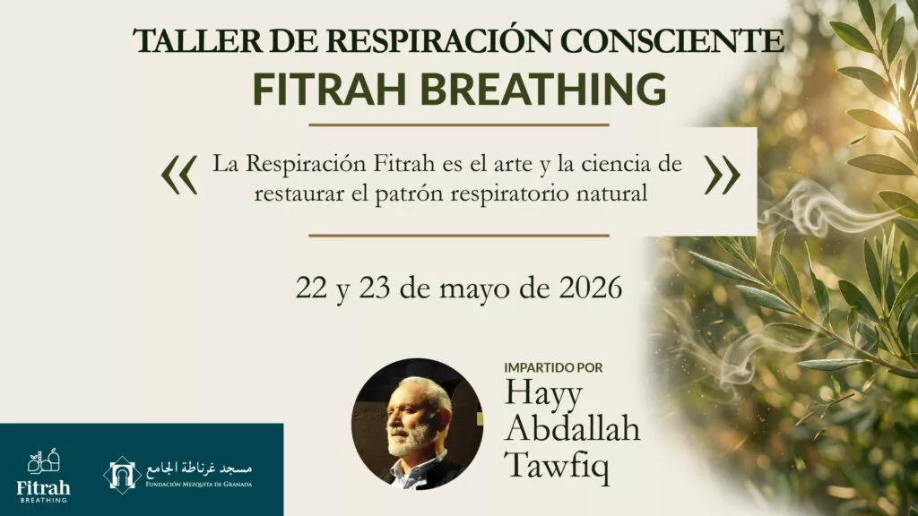 Cartel del taller Fitrah Breathing, 22 y 23 de mayo de 2026, impartido por Hayy Abdallah Tawfiq