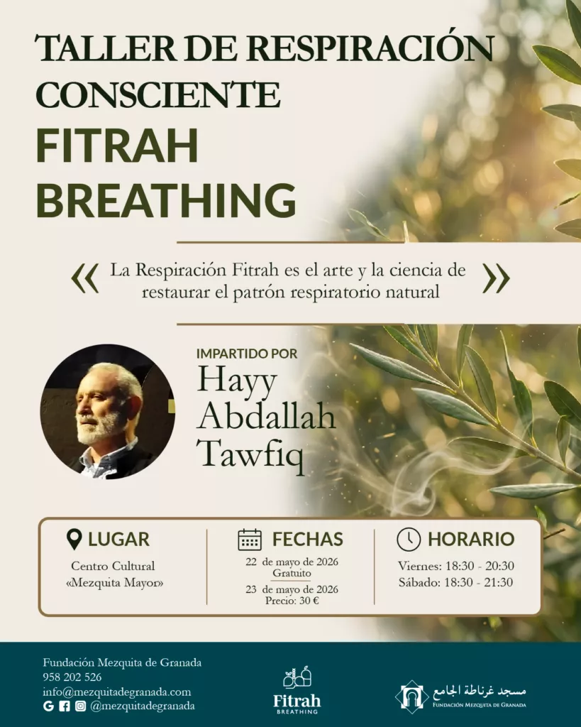 Cartel del taller de respiración consciente Fitrah Breathing, impartido por Hayy Abdallah Tawfiq el 22 y 23 de mayo de 2026 en el Centro Cultural Mezquita Mayor